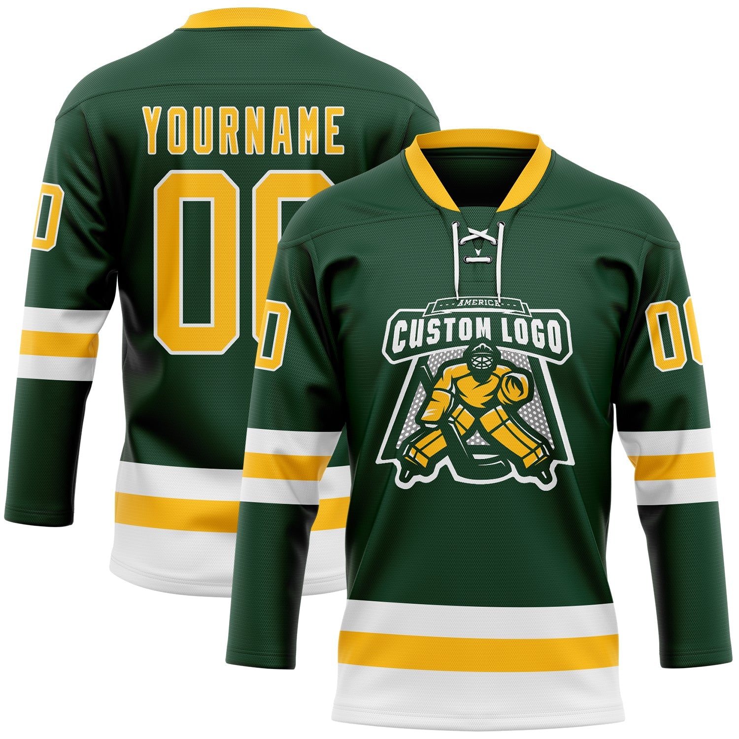 Custom Green Gold-White Hockey Lace Neck Jersey view 2