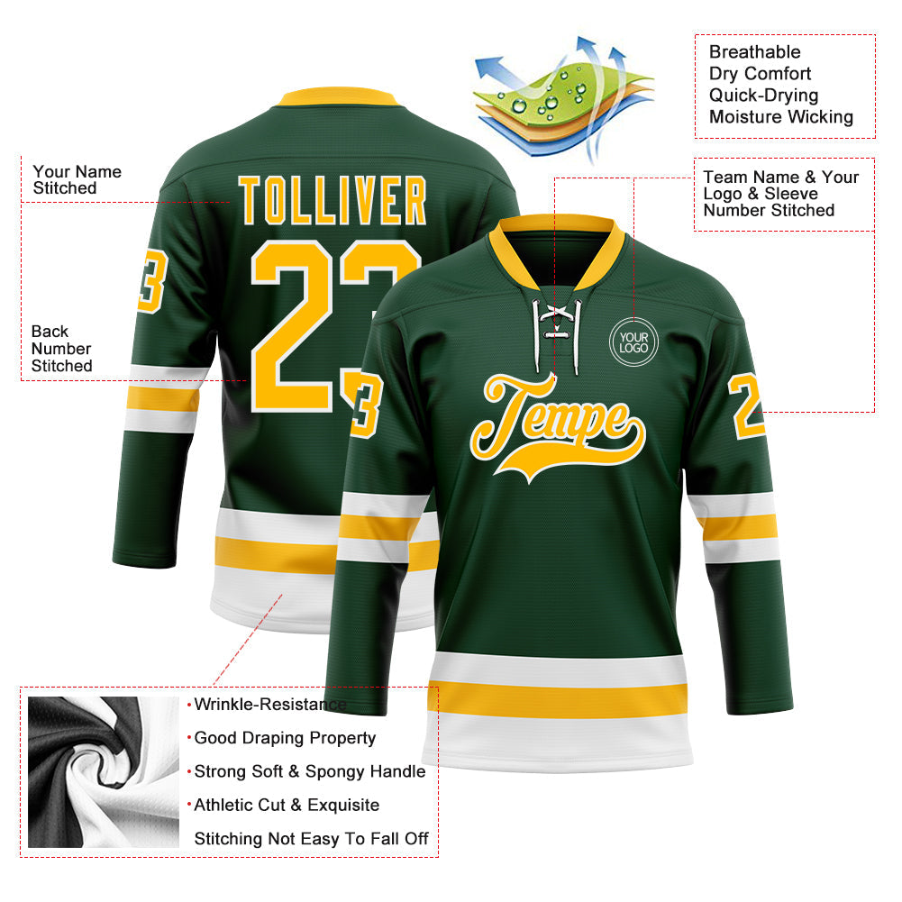 Custom Green Gold-White Hockey Lace Neck Jersey view 3