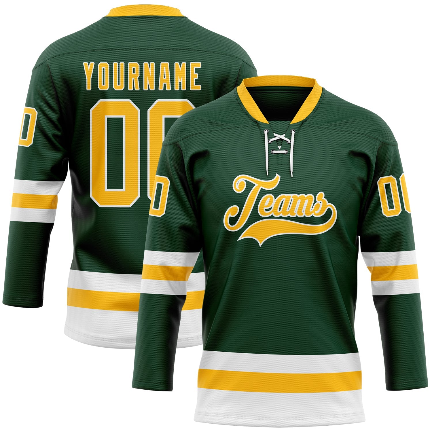 Custom Green Gold-White Hockey Lace Neck Jersey - Main View