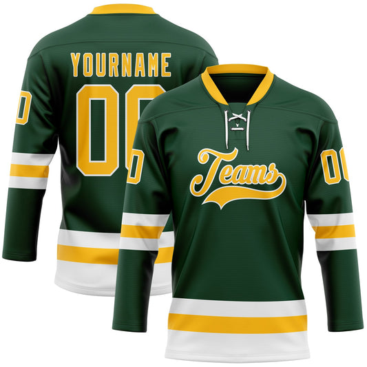 Custom Green Gold-White Hockey Lace Neck Jersey - Main View