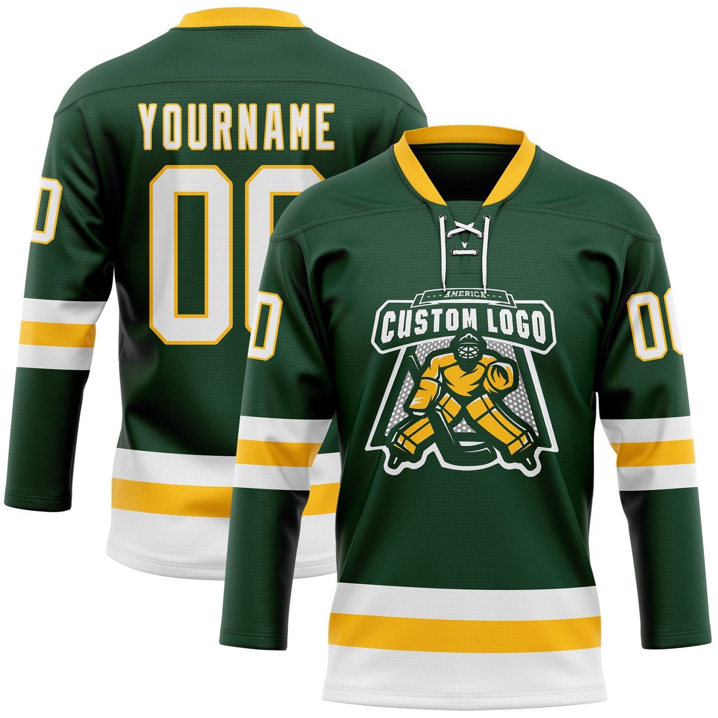 Custom Green White-Gold Hockey Lace Neck Jersey view 2