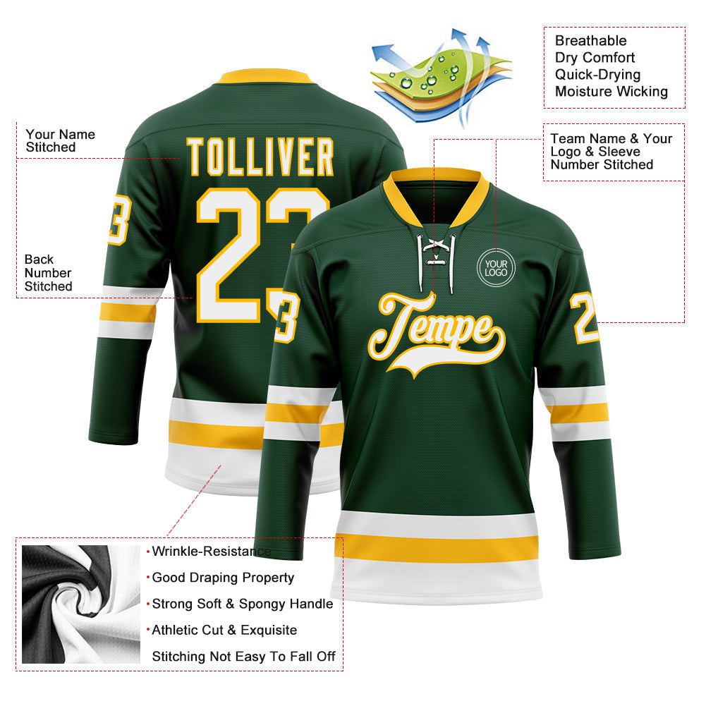 Custom Green White-Gold Hockey Lace Neck Jersey view 3