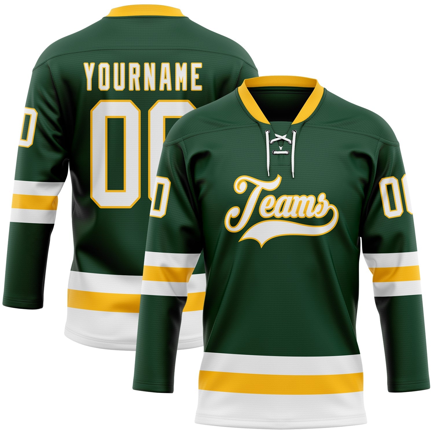 Custom Green White-Gold Hockey Lace Neck Jersey - Main View
