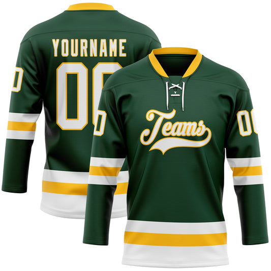 Custom Green White-Gold Hockey Lace Neck Jersey - Main View