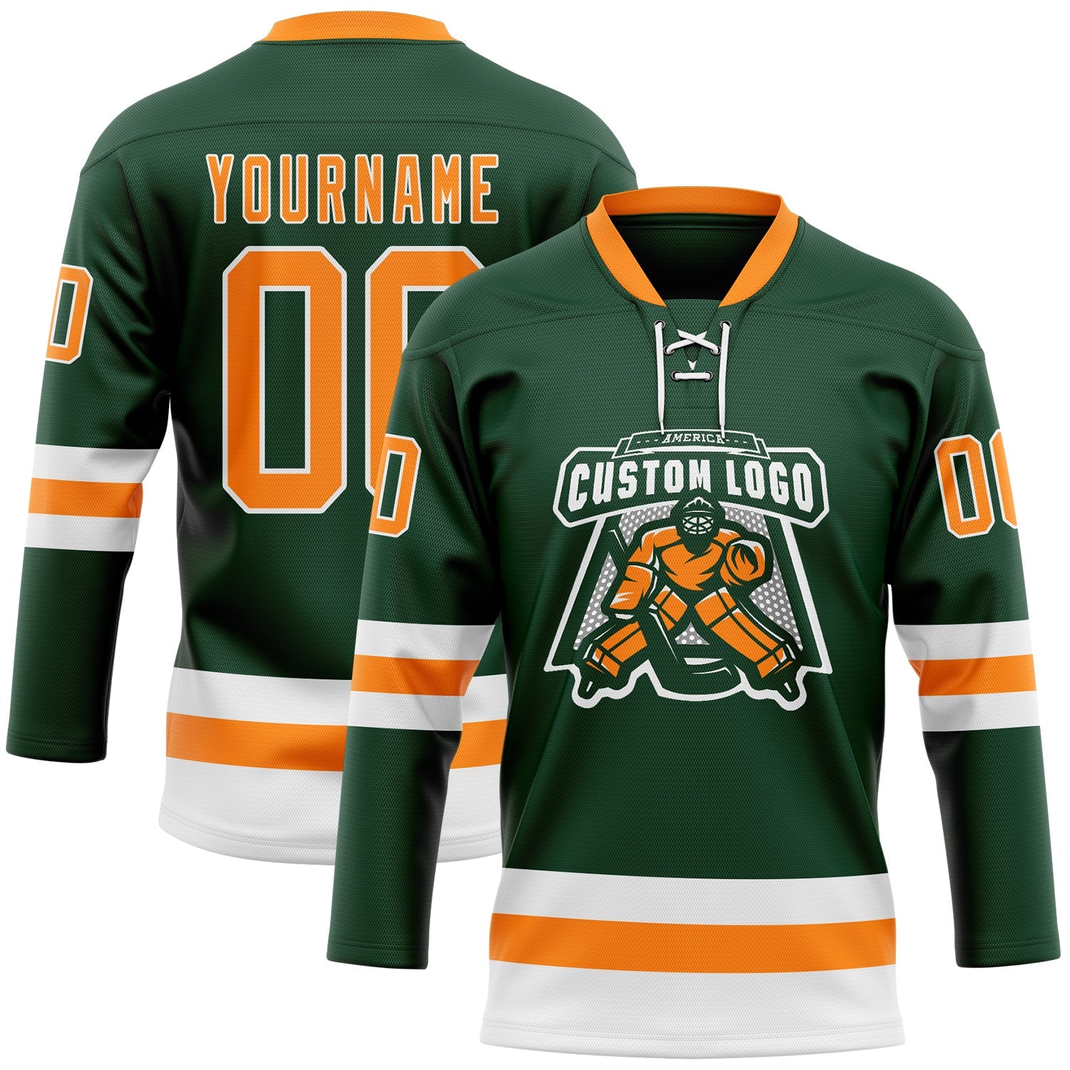 Custom Green Bay Orange-White Hockey Lace Neck Jersey view 2