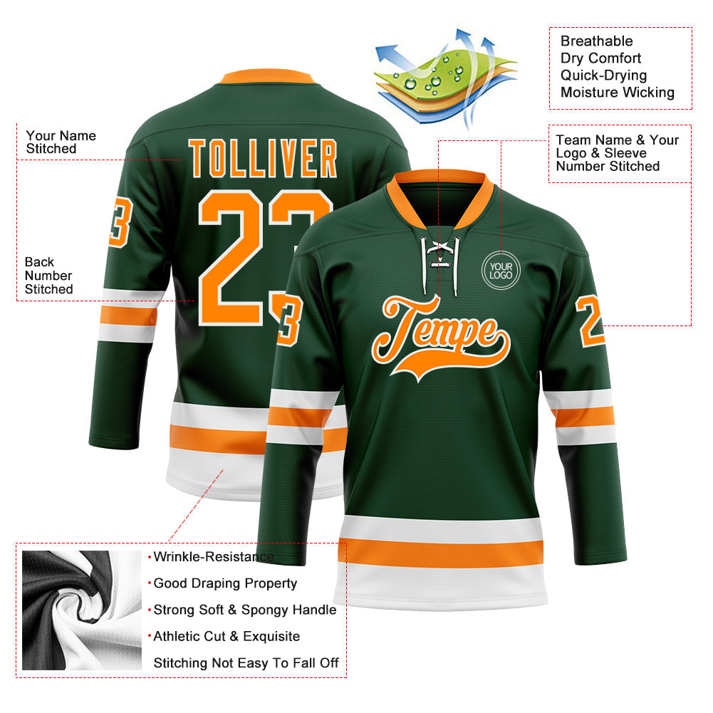 Custom Green Bay Orange-White Hockey Lace Neck Jersey view 3