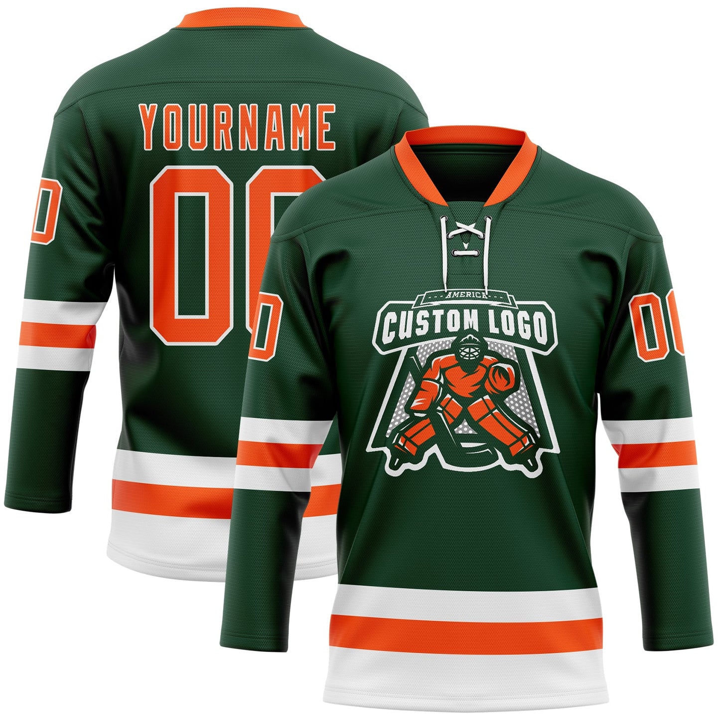 Custom Green Orange-White Hockey Lace Neck Jersey view 2