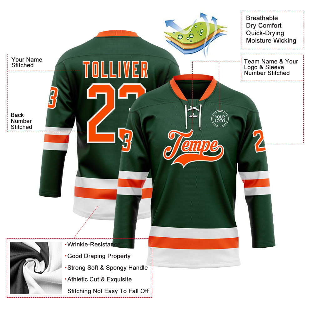 Custom Green Orange-White Hockey Lace Neck Jersey view 3