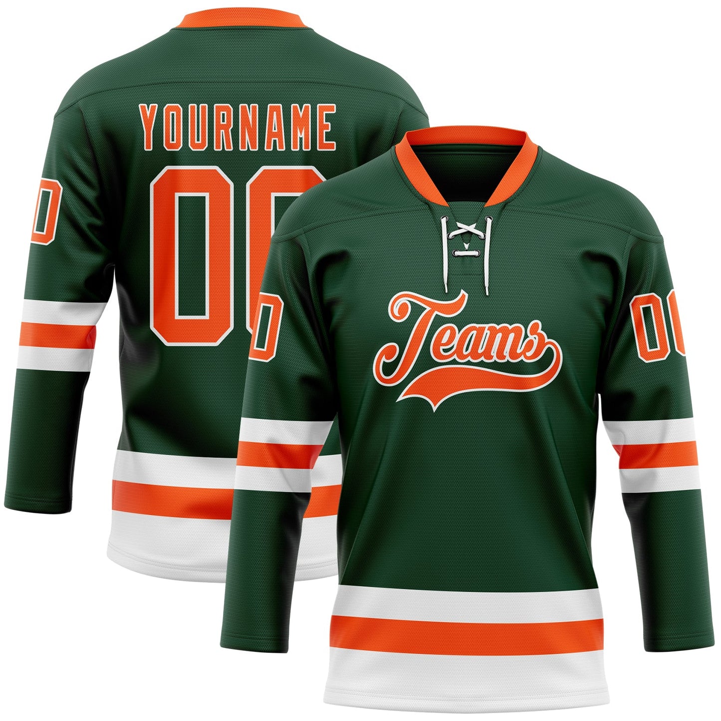 Custom Green Orange-White Hockey Lace Neck Jersey - Main View