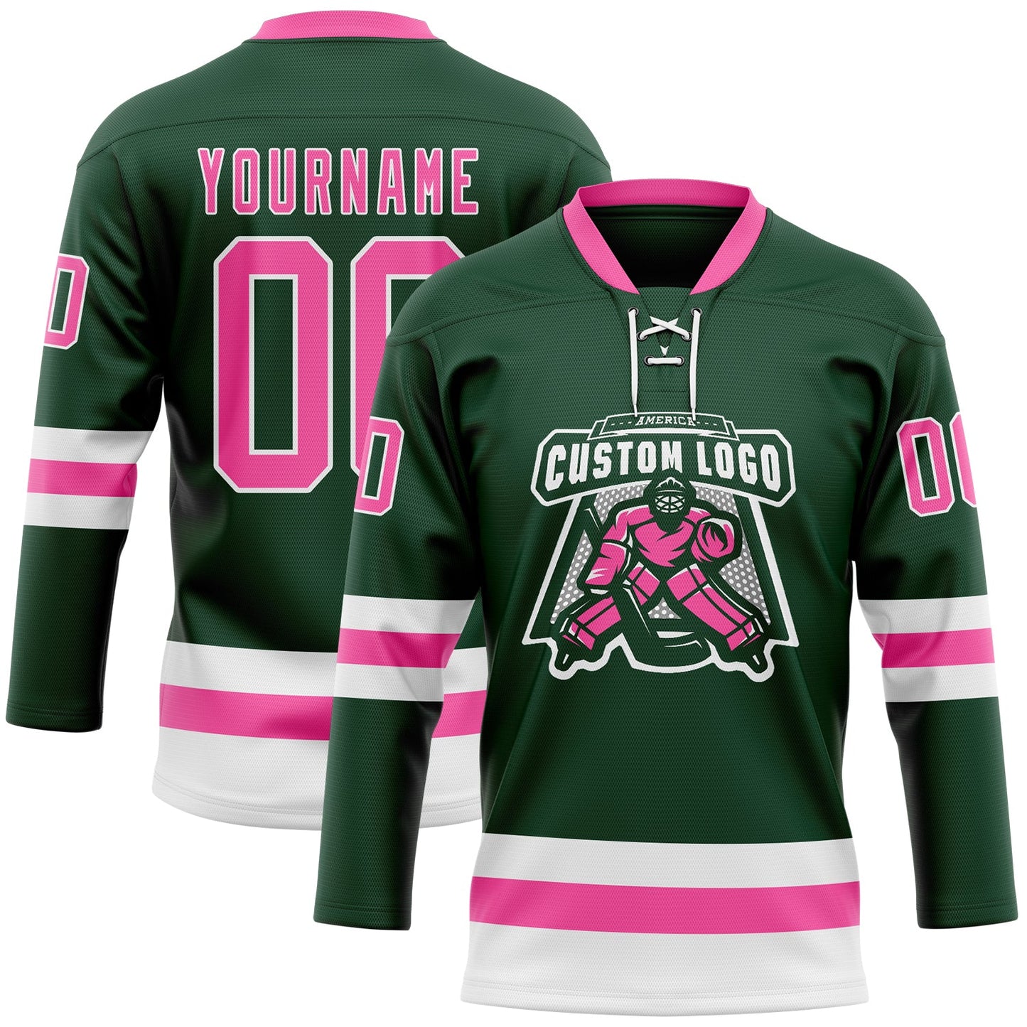 Custom Green Pink-White Hockey Lace Neck Jersey view 2