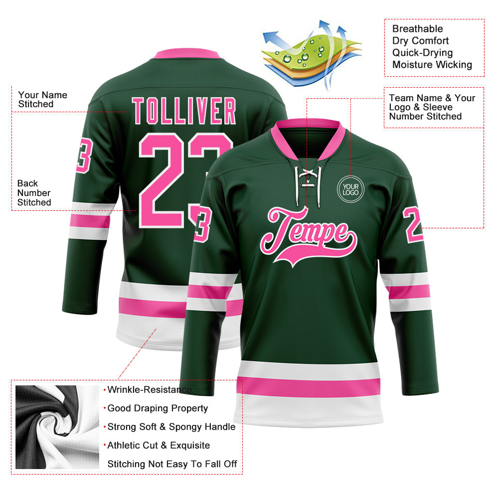 Custom Green Pink-White Hockey Lace Neck Jersey view 3