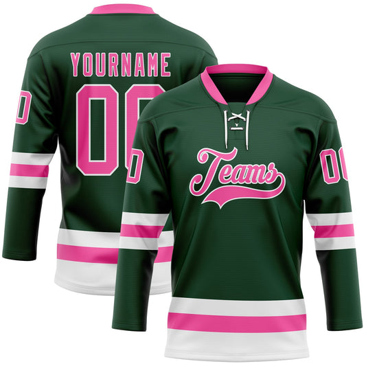 Custom Green Pink-White Hockey Lace Neck Jersey - Main View