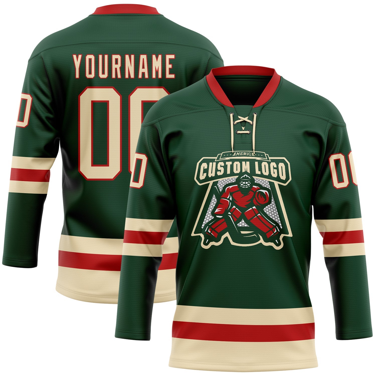 Custom Green Cream-Red Hockey Lace Neck Jersey view 2