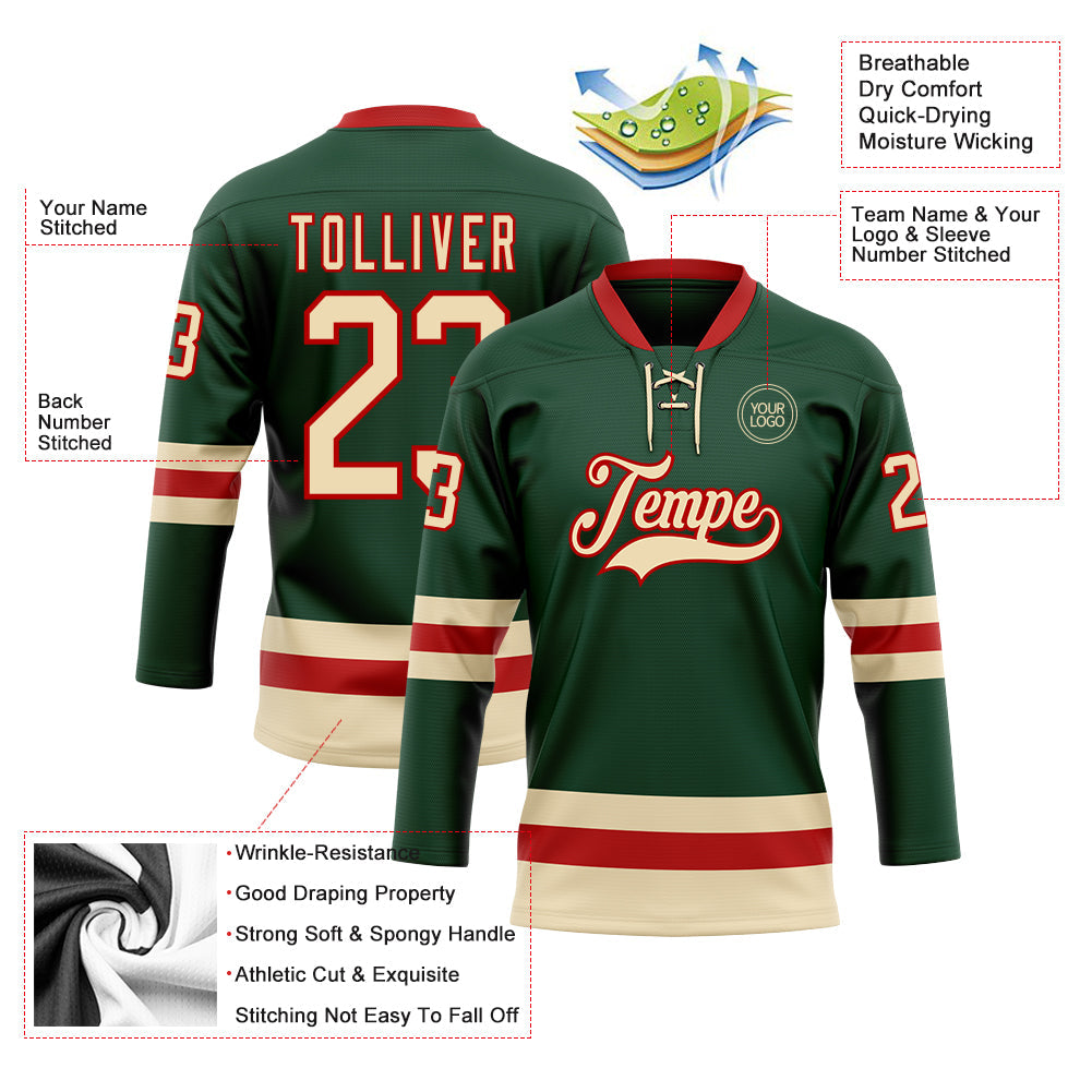 Custom Green Cream-Red Hockey Lace Neck Jersey view 3