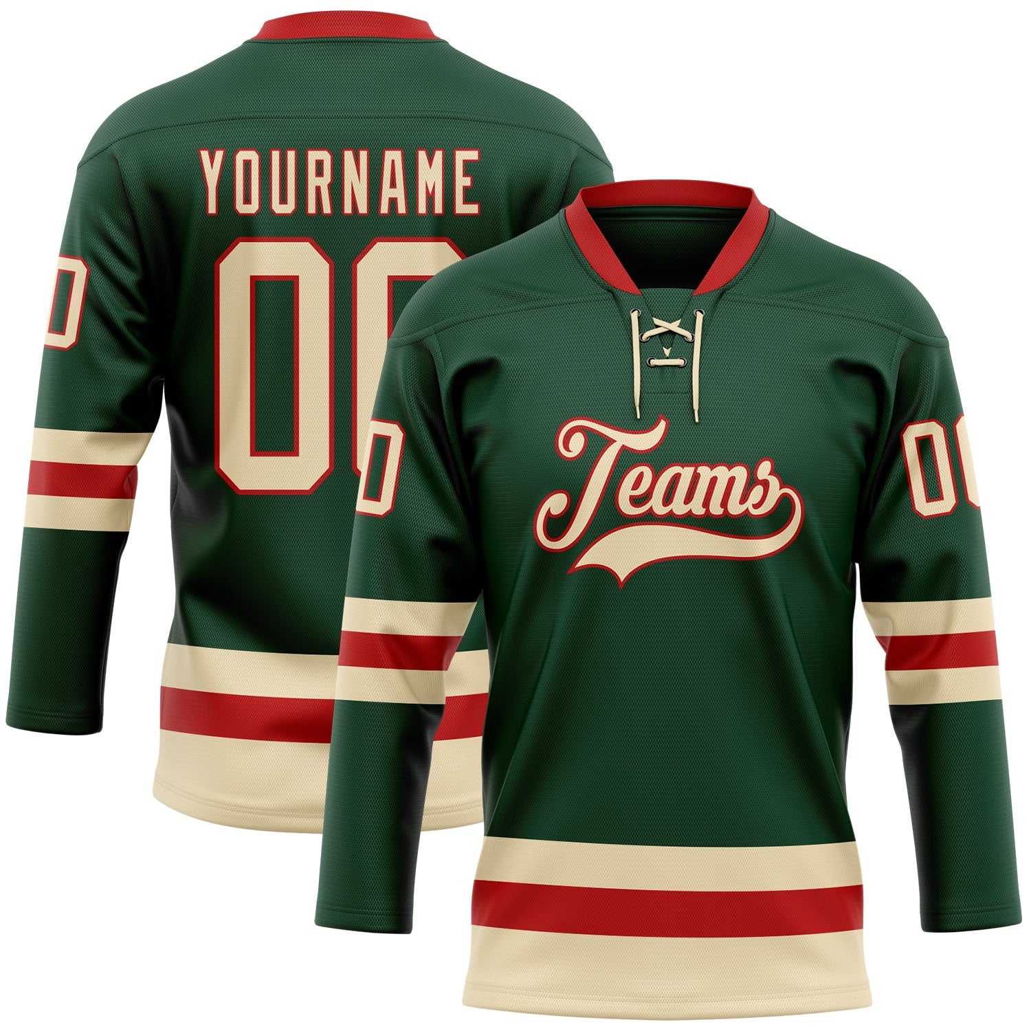 Custom Green Cream-Red Hockey Lace Neck Jersey - Main View