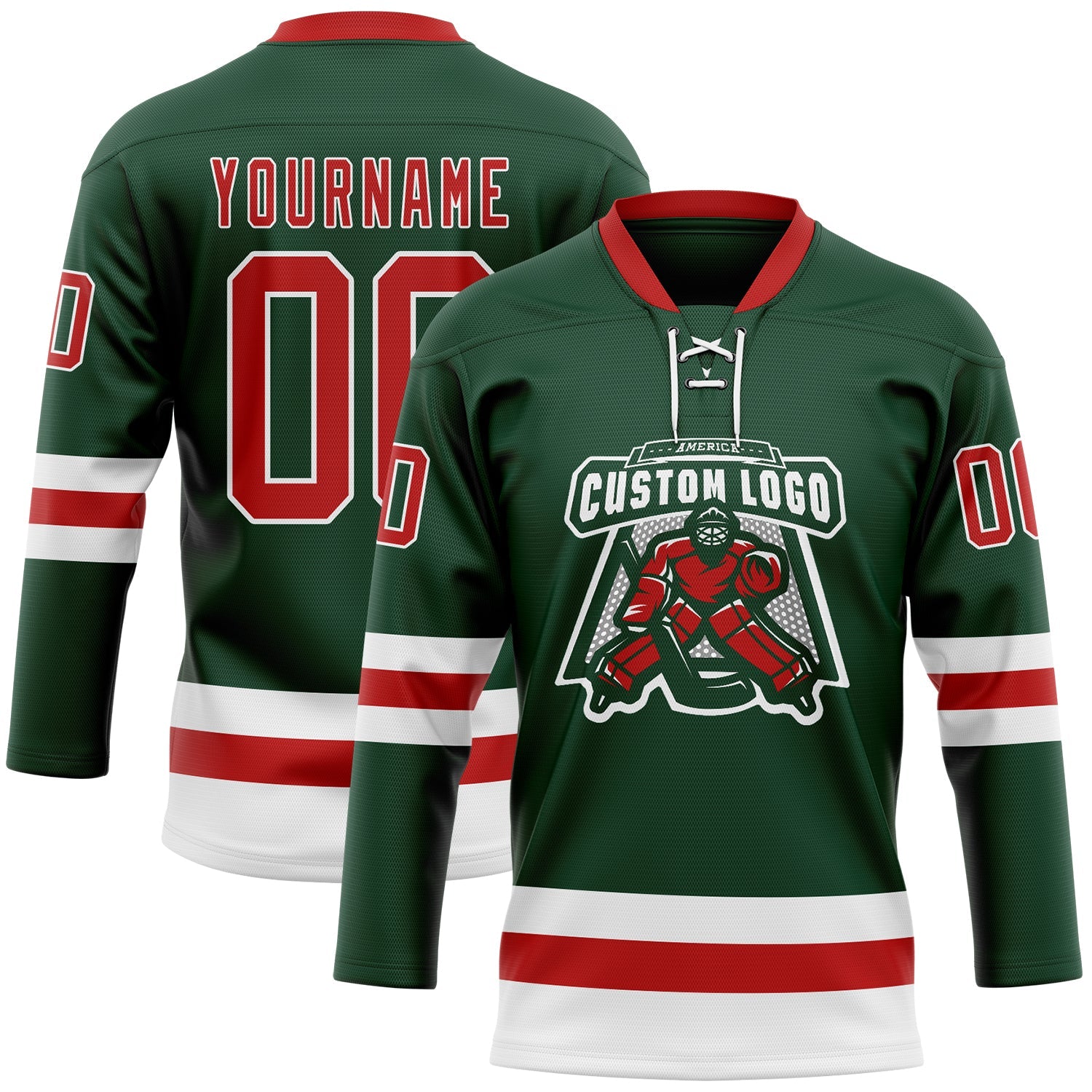 Custom Green Red-White Hockey Lace Neck Jersey view 2