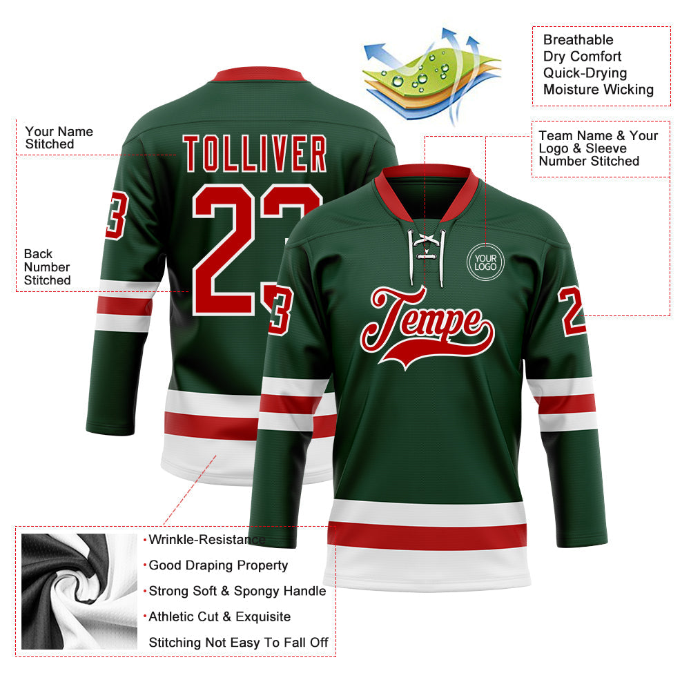 Custom Green Red-White Hockey Lace Neck Jersey view 3