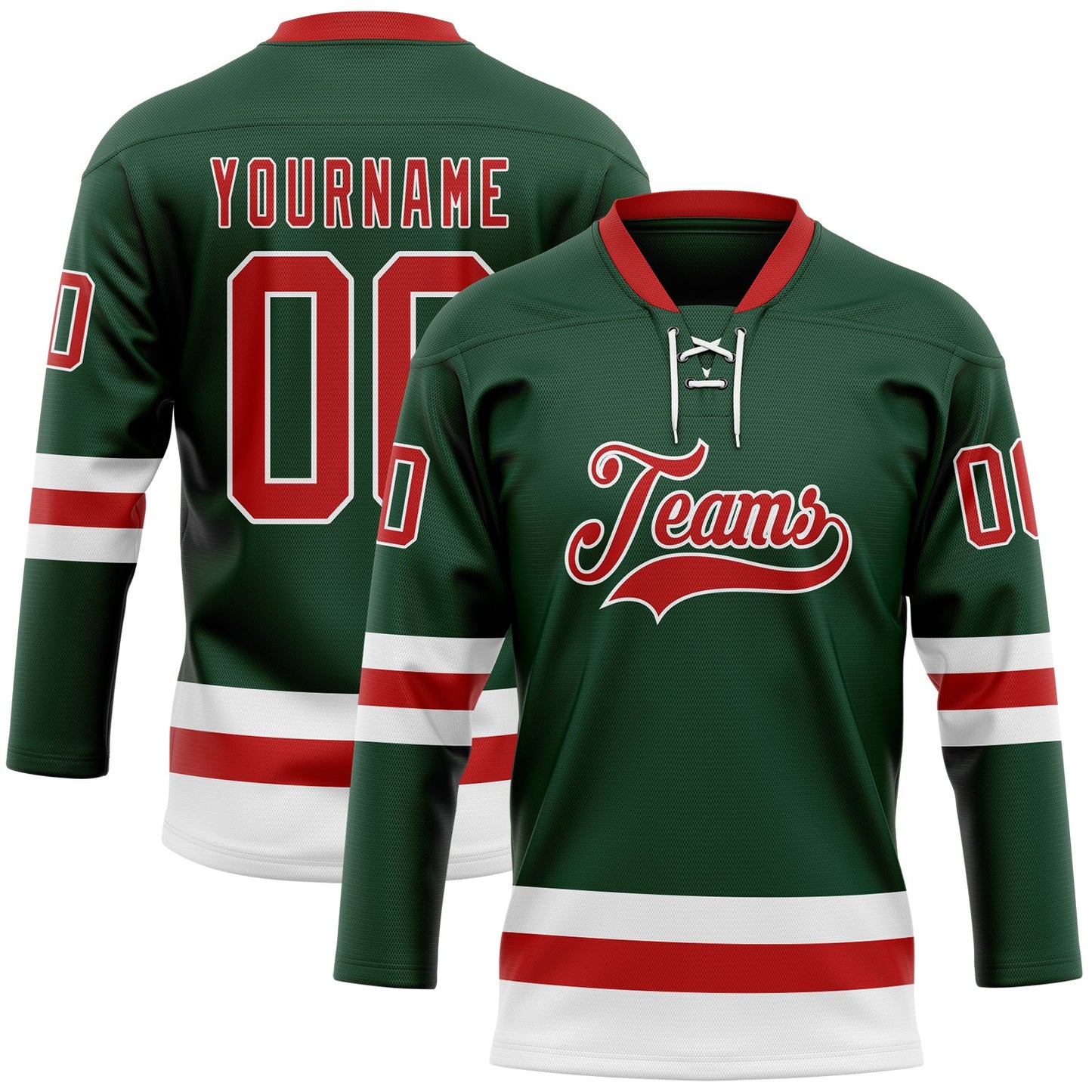 Custom Green Red-White Hockey Lace Neck Jersey - Main View