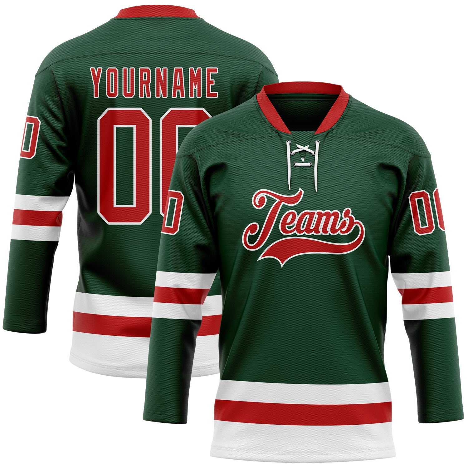 Custom Green Red-White Hockey Lace Neck Jersey - Main View