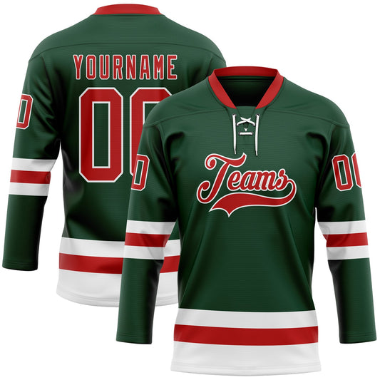 Custom Green Red-White Hockey Lace Neck Jersey - Main View