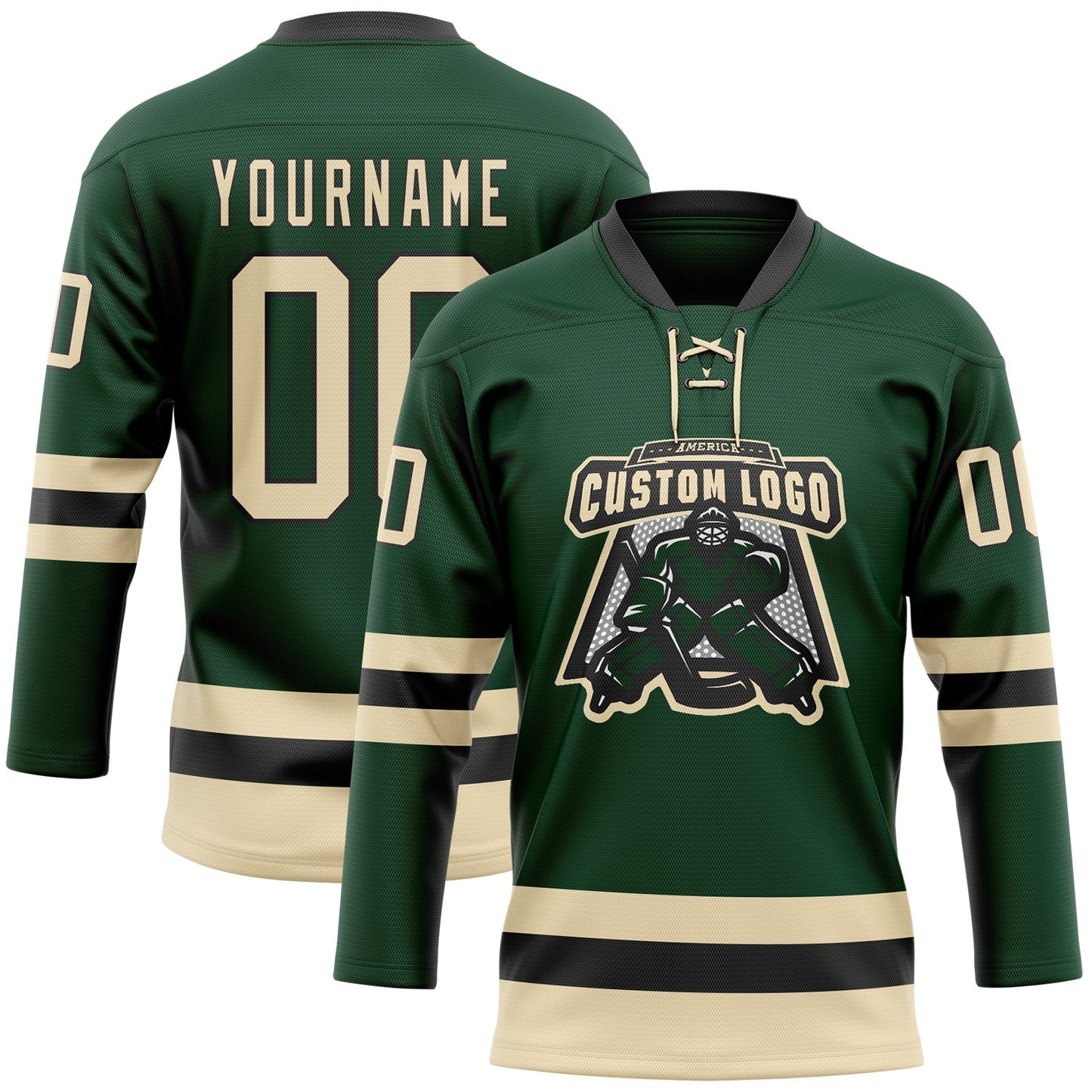 Custom Green Cream-Black Hockey Lace Neck Jersey view 2