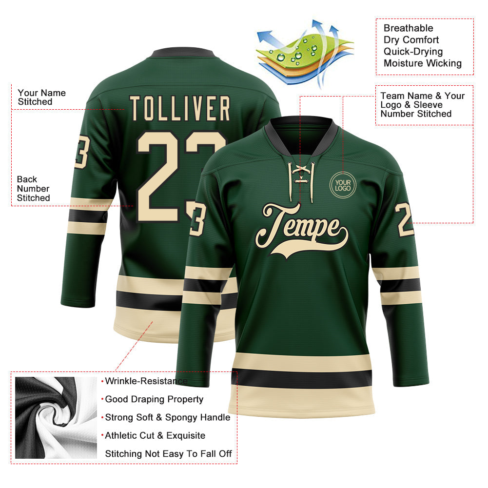 Custom Green Cream-Black Hockey Lace Neck Jersey view 3