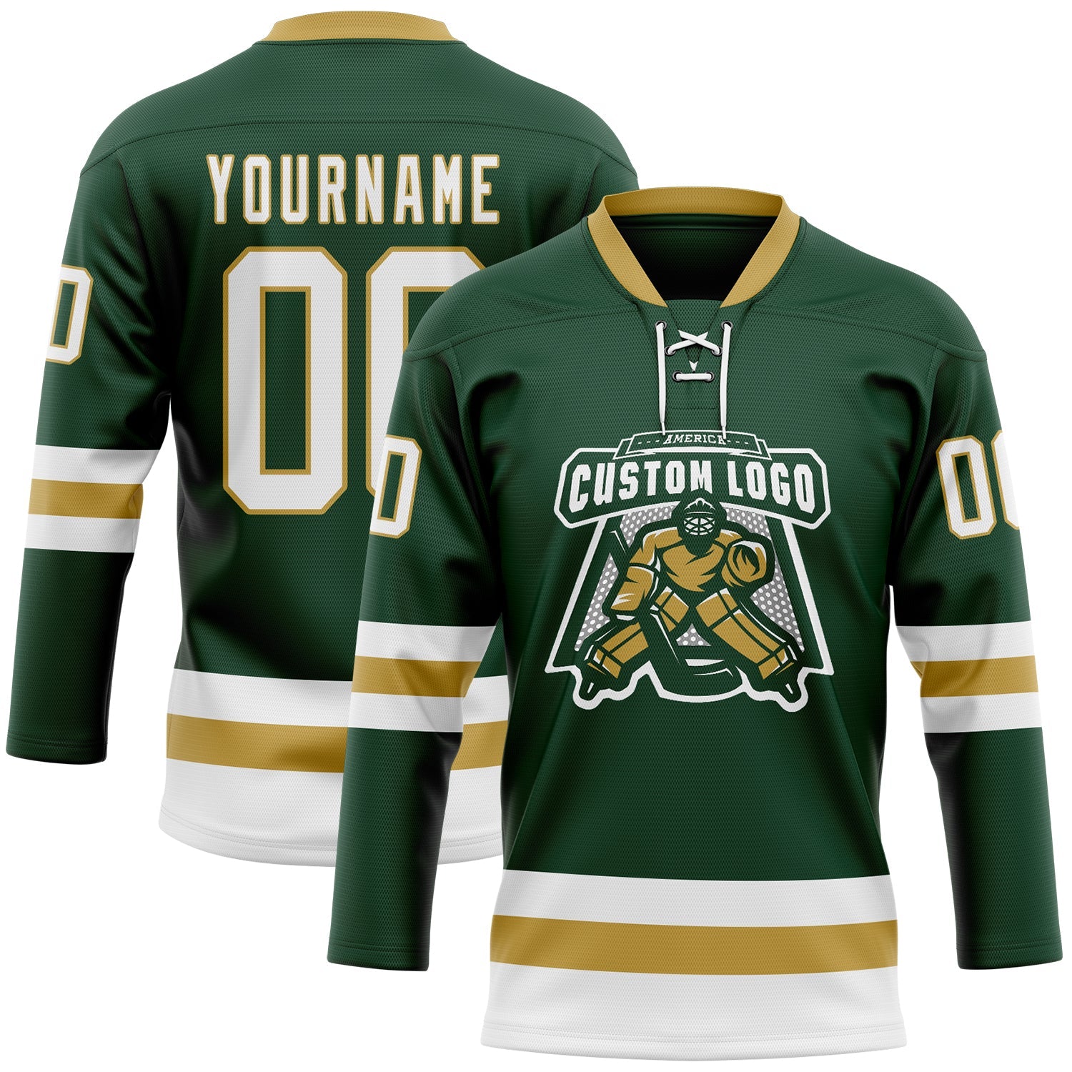 Custom Green White-Old Gold Hockey Lace Neck Jersey view 2