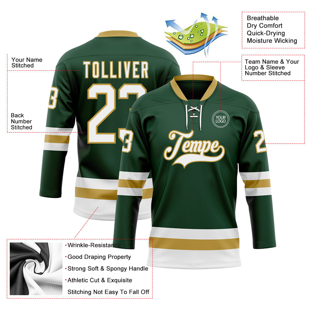 Custom Green White-Old Gold Hockey Lace Neck Jersey view 3
