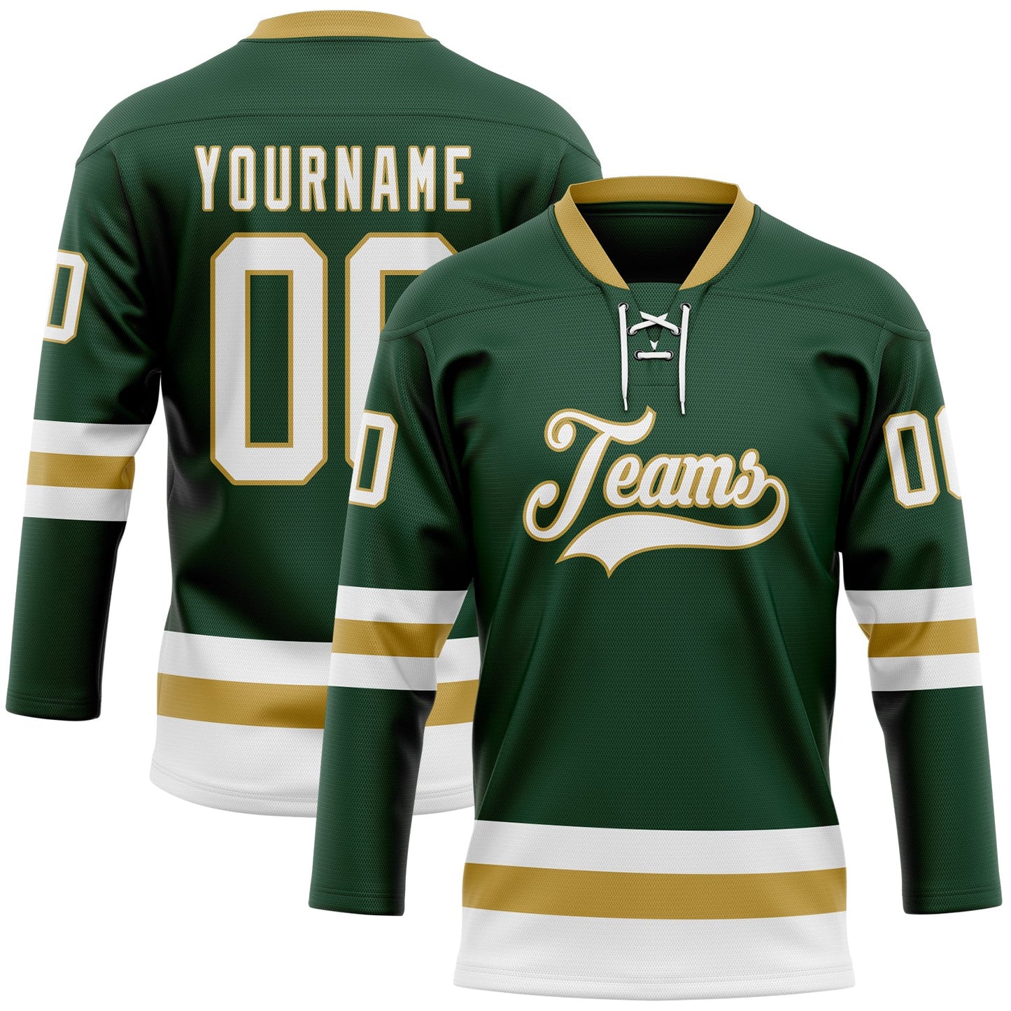 Custom Green White-Old Gold Hockey Lace Neck Jersey - Main View