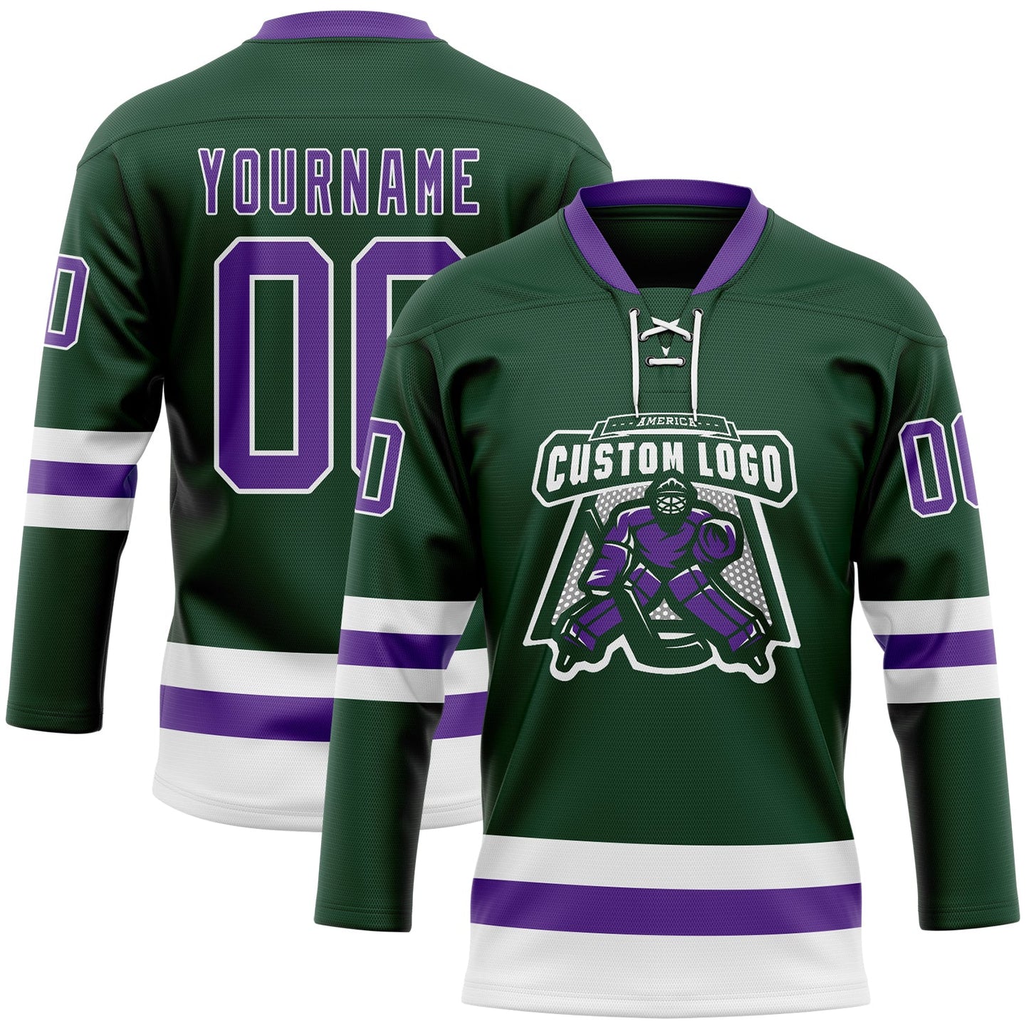 Custom Green Purple-White Hockey Lace Neck Jersey view 2
