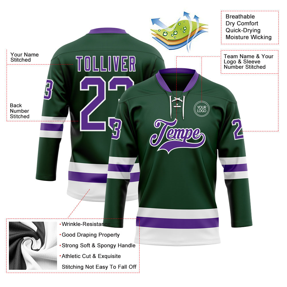 Custom Green Purple-White Hockey Lace Neck Jersey view 3