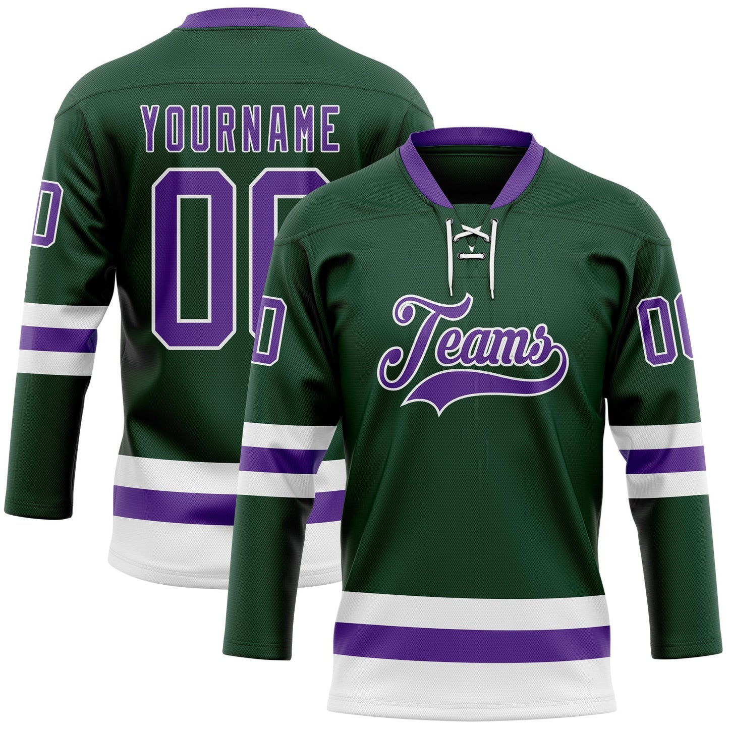 Custom Green Purple-White Hockey Lace Neck Jersey - Main View