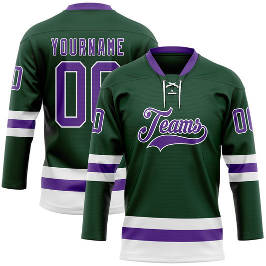 Custom Green Purple-White Hockey Lace Neck Jersey - Main View