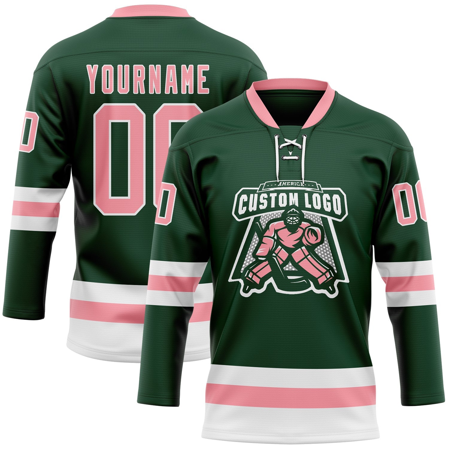 Custom Green Medium Pink-White Hockey Lace Neck Jersey view 2