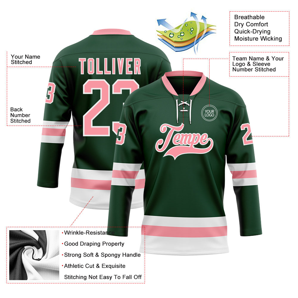 Custom Green Medium Pink-White Hockey Lace Neck Jersey view 3