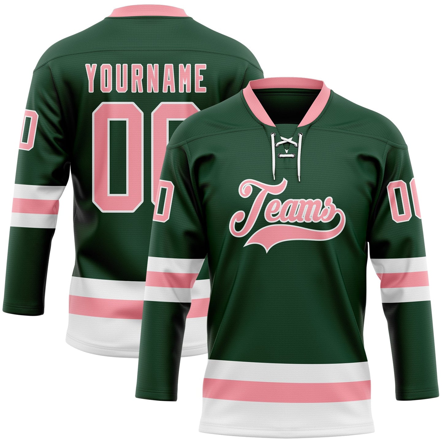 Custom Green Medium Pink-White Hockey Lace Neck Jersey - Main View