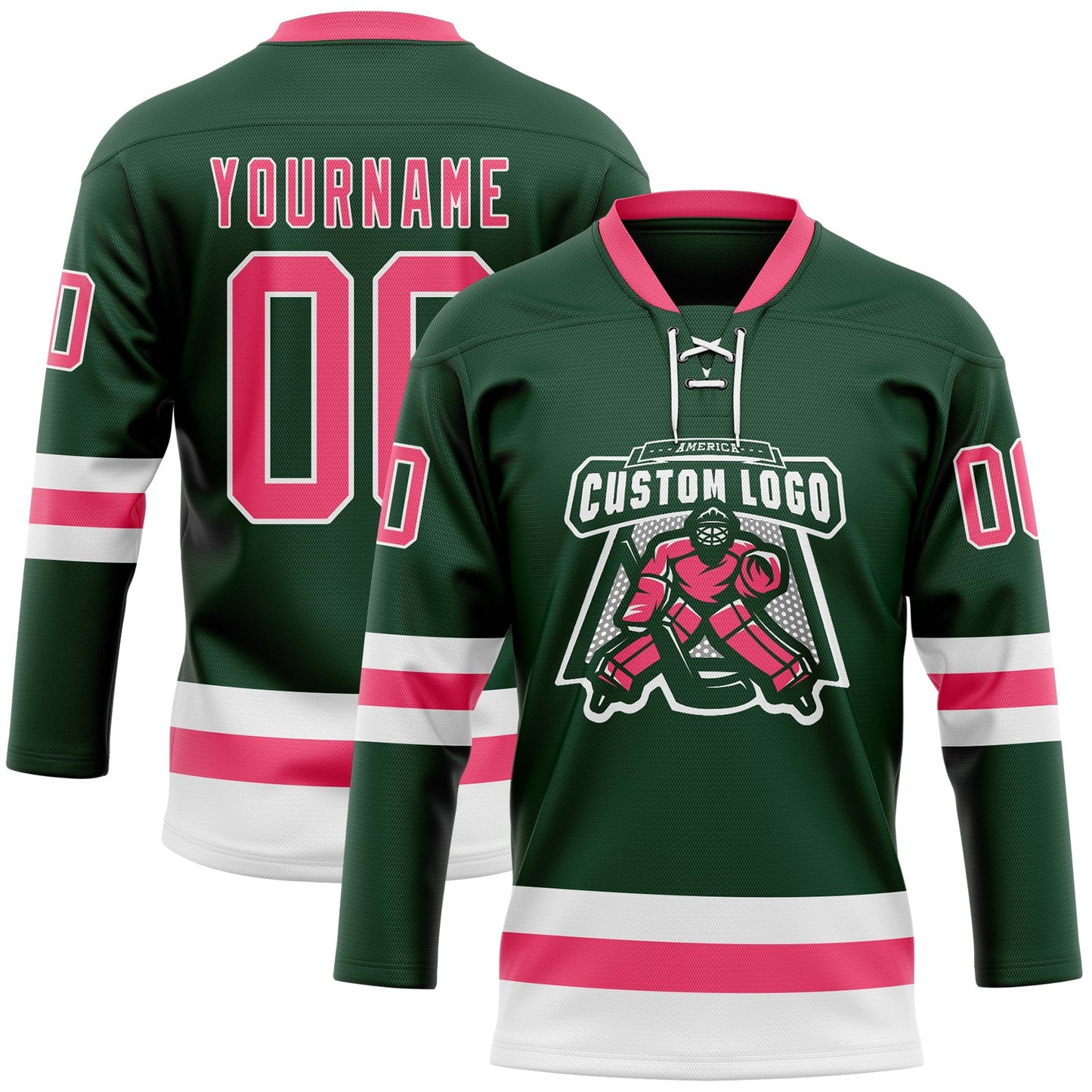 Custom Green Neon Pink-White Hockey Lace Neck Jersey view 2