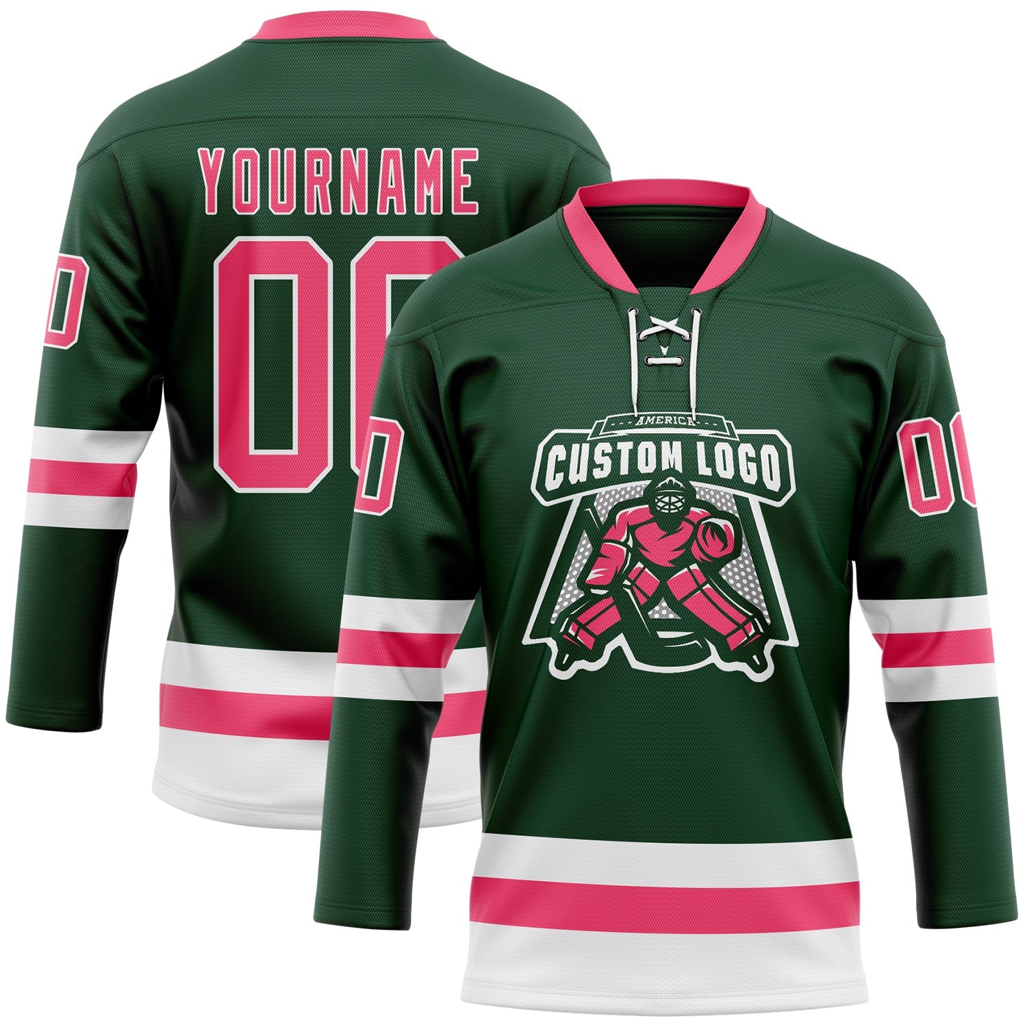 Custom Green Neon Pink-White Hockey Lace Neck Jersey view 2