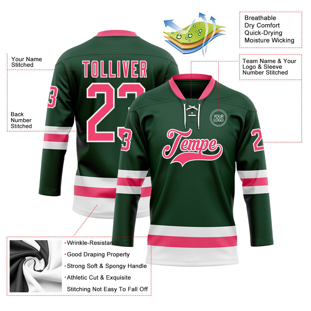 Custom Green Neon Pink-White Hockey Lace Neck Jersey view 3
