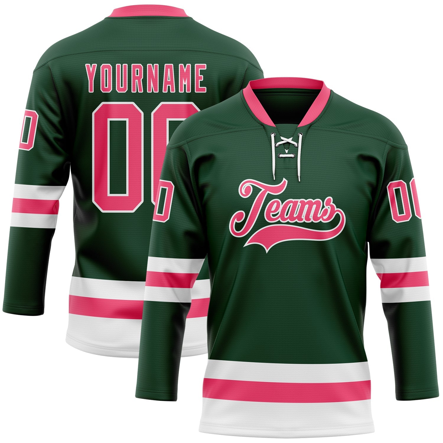 Custom Green Neon Pink-White Hockey Lace Neck Jersey - Main View