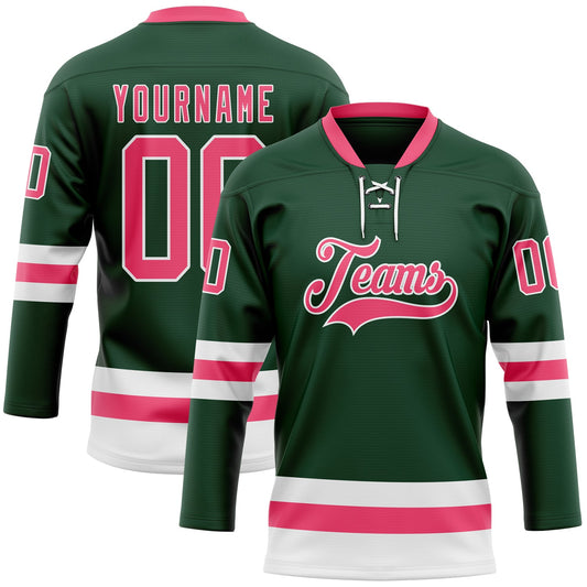 Custom Green Neon Pink-White Hockey Lace Neck Jersey - Main View