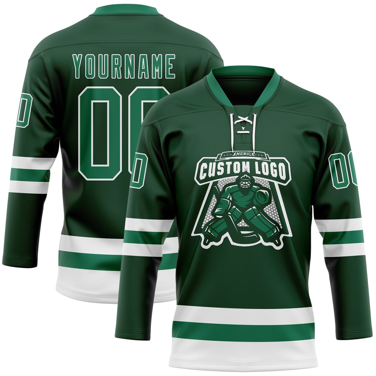 Custom Green Kelly Green-White Hockey Lace Neck Jersey view 2