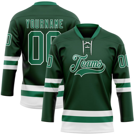 Custom Green Kelly Green-White Hockey Lace Neck Jersey - Main View