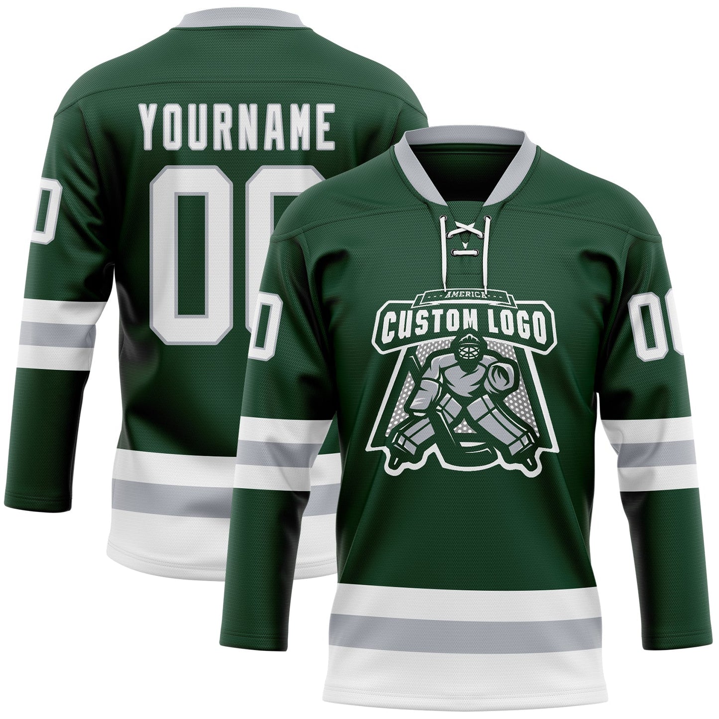 Custom Green White-Gray Hockey Lace Neck Jersey view 2