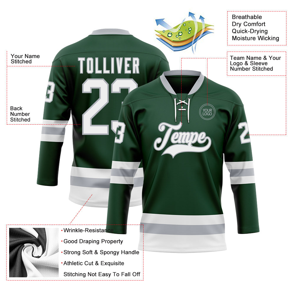 Custom Green White-Gray Hockey Lace Neck Jersey view 3