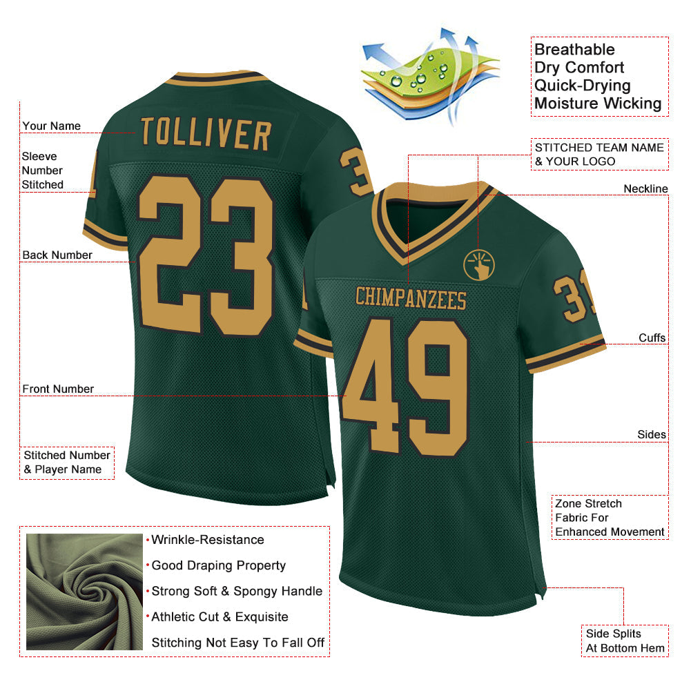 Custom Green Old Gold-Black Mesh Authentic Throwback Football Jersey view 2
