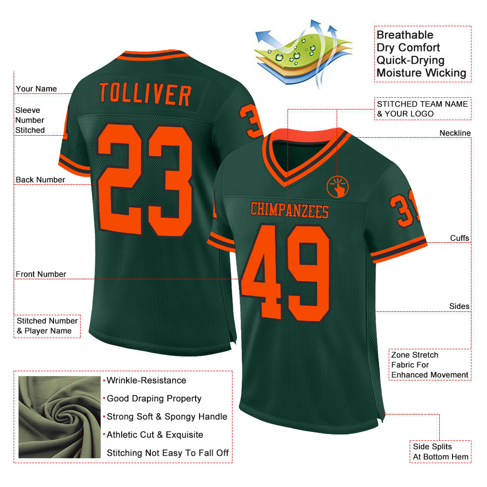 Custom Green Orange-Black Mesh Authentic Throwback Football Jersey view 2