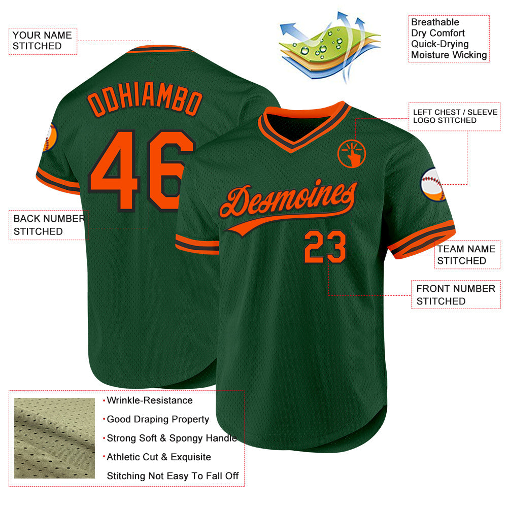 Custom Green Orange-Black Authentic Throwback Baseball Jersey view 3