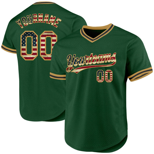 Custom Green Vintage USA Flag Old Gold-Black Authentic Throwback Baseball Jersey - Main View