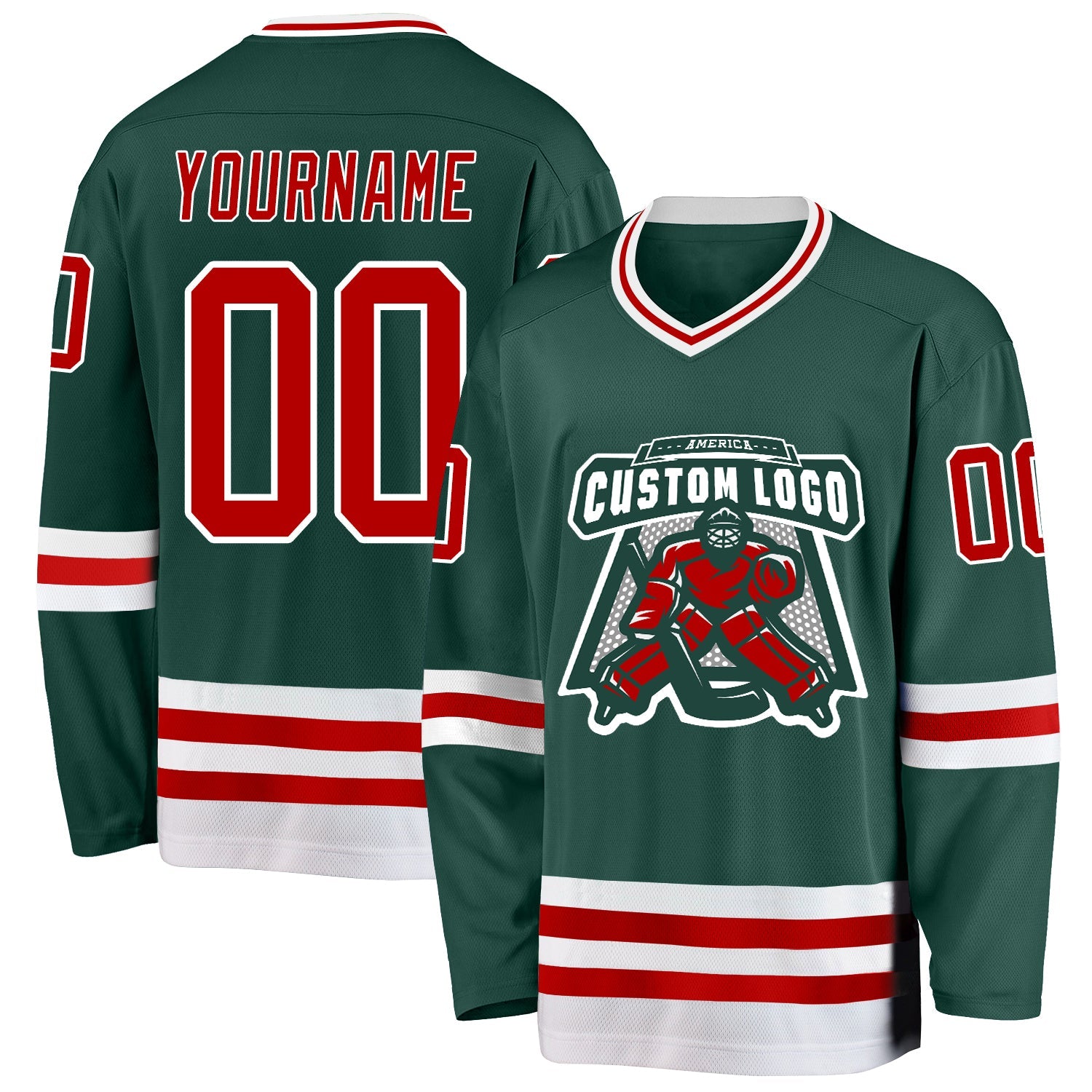 Custom Green Red-White Hockey Jersey view 2